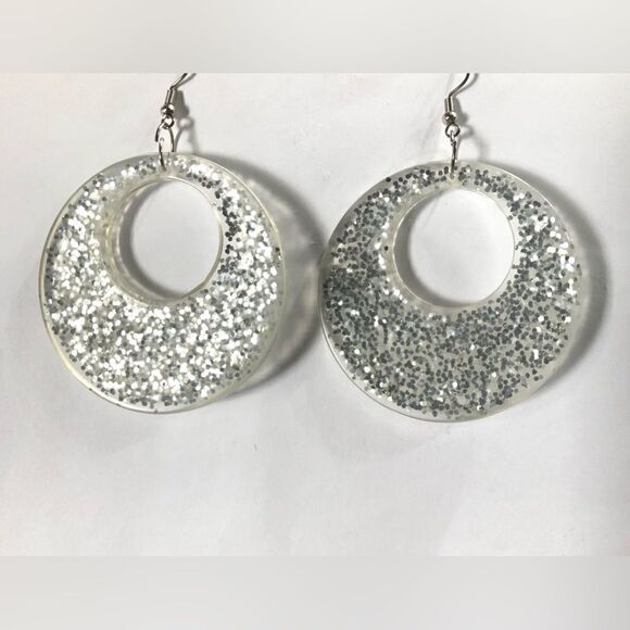 Silver Glitter Earrings Plastic Dangle Hook (A)69 - Picture 1 of 4